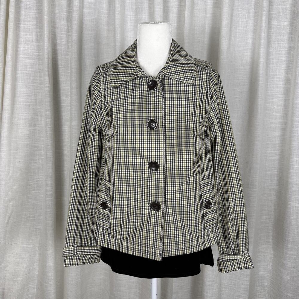 Merona Jacket Womens Small Green Plaid Button Front Buckle Cuff Twill Lined